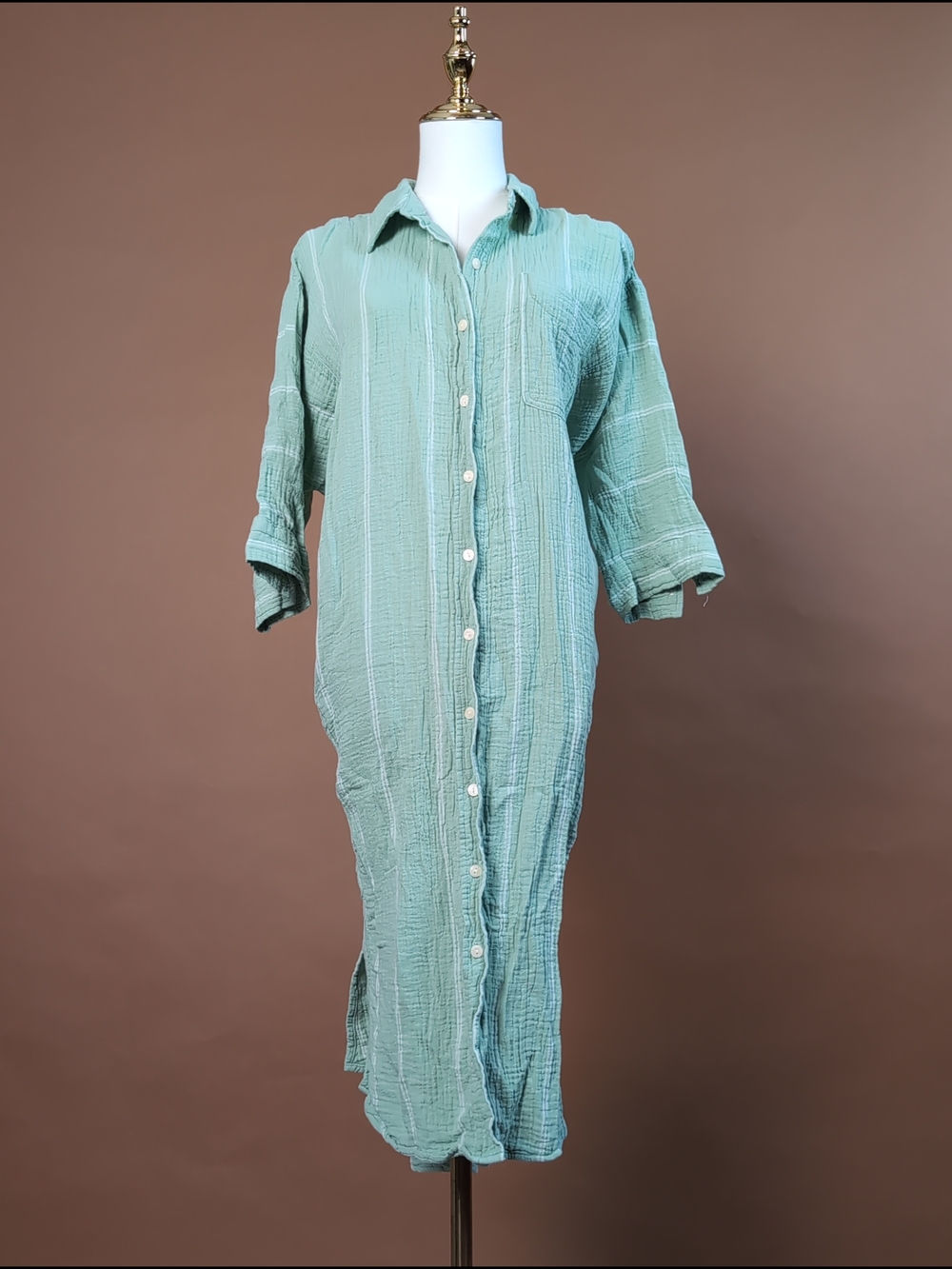 Effortless Universal Thread Gauze Maxi Shirtdress in Mint Striped